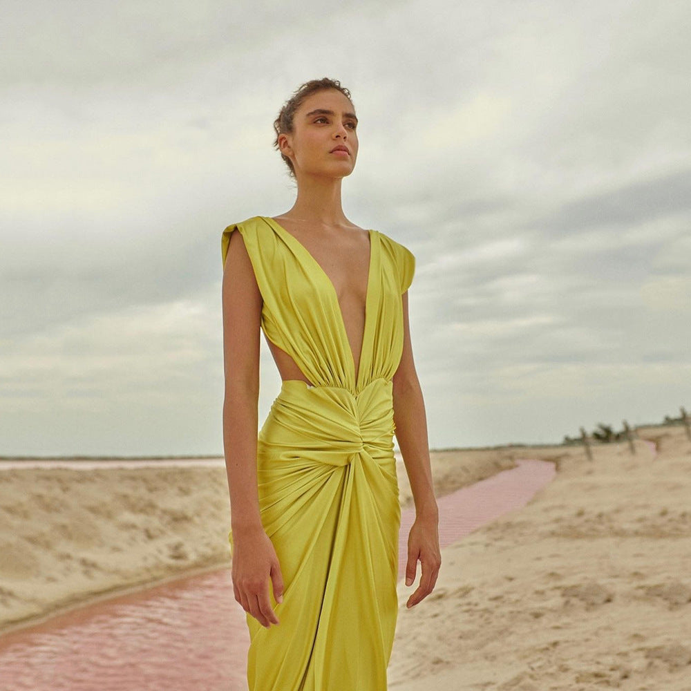Satin Backless Deep V-Neck Chartreuse Yellow Ruche Dress